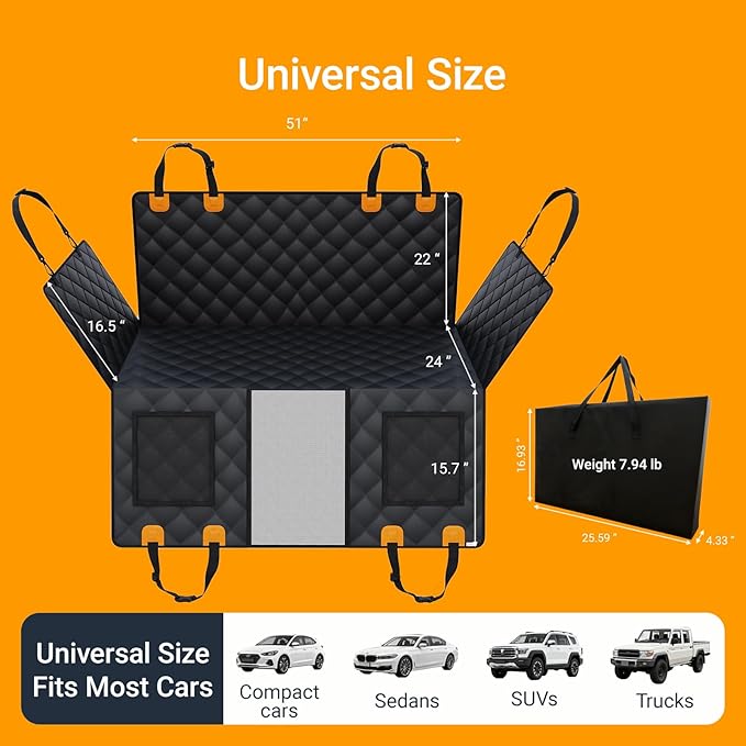 Dog Car Seat Cover for Back Seat with Removable Hard Bottom Board, Back Seat Extender for Dogs, 600D Waterproof Dog Hammock for Car SUV, Anti-Sag Support for Large Dogs, Universal Fit