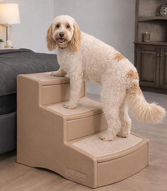 Pet Gear Easy Step III Extra Wide Pet Stairs, 3 Step for Dogs/Cats up to 200 pounds, Removable/Washable Carpet, Easy Assembly (No Tools Required), Sand Dune