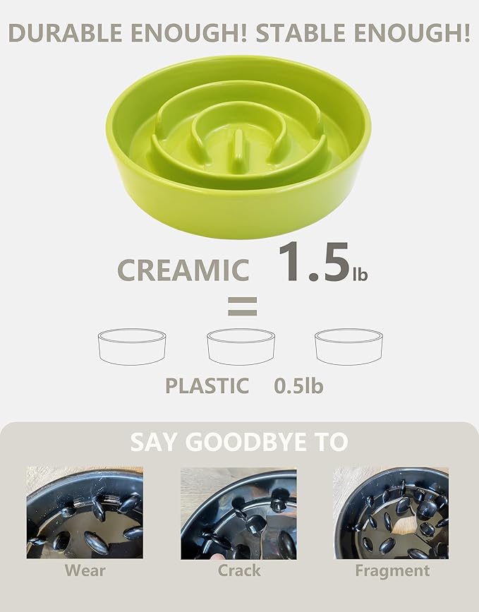 Ceramic Slow Feeder Dog Bowls, 0.6 Cup Slow Feeder for Small Dogs, Puzzle Maze Bowl, Prevents Choking, 6in, Green
