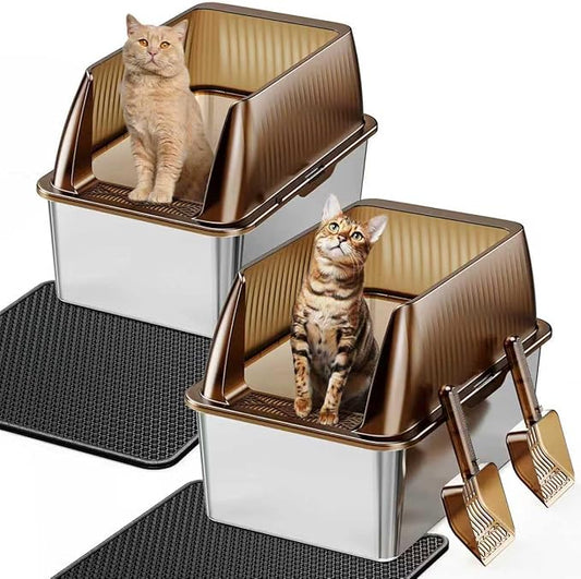 Tripamin 15” XL Stainless Steel Cat Litter Box Enclosure, XXL Stainless Steel High Sides with Lid, Extra Large Metal Cat Litter Box (Transluce, 2-pcs XX-Large)