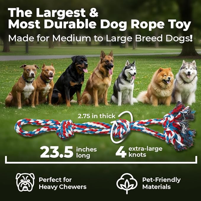 Pacific Pups Products XL Dog Rope Toy for Aggressive Chewers - Benefits Non-Profit Dog Rescue - Tug of War Dog Toy, Dog Toys for Large Dogs Tough Dog Toys for Aggressive Chewers Red