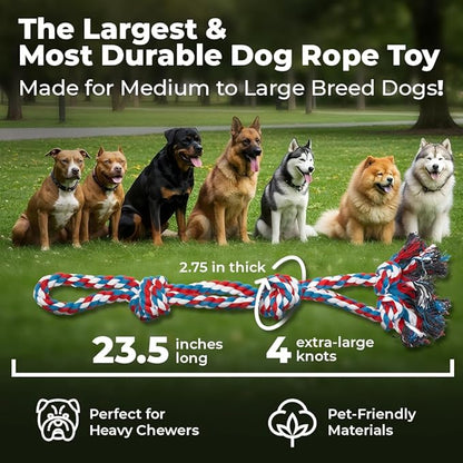 Pacific Pups Products XL Dog Rope Toy for Aggressive Chewers - Benefits Non-Profit Dog Rescue - Tug of War Dog Toy, Dog Toys for Large Dogs Tough Dog Toys for Aggressive Chewers Red