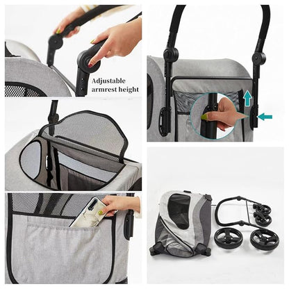 XL Extra Large Dog Stroller, All-Terrain 4 Wheel for 2 Medium Dogs, One-Click Foldable, Adjustable Handles, Dual Entry Safety Dog Stroller, Capacity 88lbs (Gray)