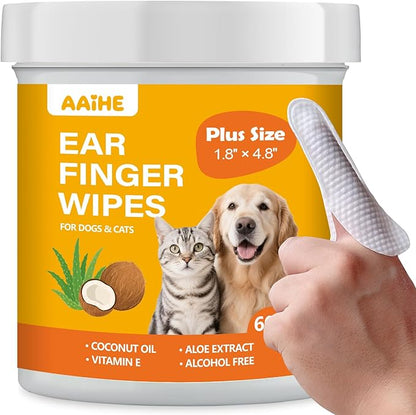 Plus Size Dog Ear Wipes,Gently Remove Ear Wax & Dirt,Relieve Ear Itching. Fresh Coconut Scent, All Natural Ingredients Dog Ear Cleaning Wipes - 60 Count
