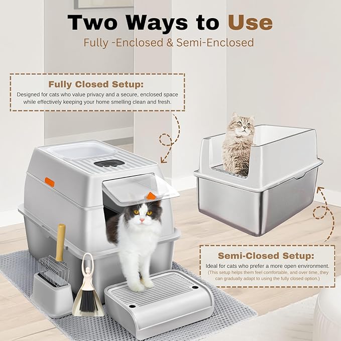 XL Stainless Steel Litter Box with Lid, Fully Enclosed 6" Deep Metal Cat Litter Box, Leak-Proof, Clumping Litter for Large, Multi-Cats, with Litter Mat, Scooper & Brush (6" Light Gray XL)