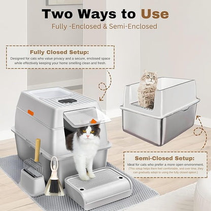 XL Stainless Steel Litter Box with Lid, Fully Enclosed 6" Deep Metal Cat Litter Box, Leak-Proof, Clumping Litter for Large, Multi-Cats, with Litter Mat, Scooper & Brush (6" Light Gray XL)