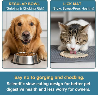 Interactive Silicone Lick Mat for Cats and Dogs – Slow Feeding Pad with Water Bowl, Non-Spill Suction Cup Bowl, Gray (Gray)
