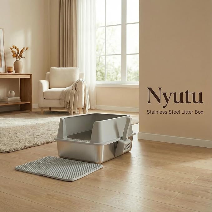 XL Stainless Steel Litter Box with Lid, Extra Large High Sided Metal Cat Litter Box with Mat and Scooper, Easy Clean, Non Stick & No Smell