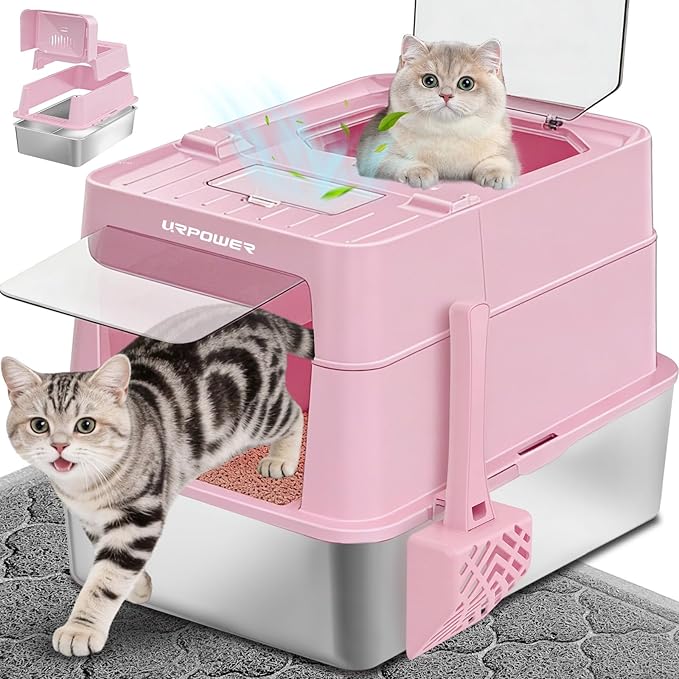 URPOWER Stainless Steel Cat Litter Box with Lid 110° Flip-Top Extra Large Enclosed Litter Box Non-Sticky Metal Pan with High Sided & Scoop, Odor Free, Front & Top Entry, Anti-Leakage, Easy Cleaning