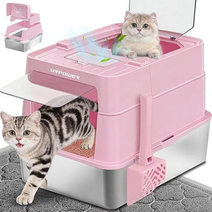 URPOWER Stainless Steel Cat Litter Box with Lid 110° Flip-Top Extra Large Enclosed Litter Box Non-Sticky Metal Pan with High Sided & Scoop, Odor Free, Front & Top Entry, Anti-Leakage, Easy Cleaning