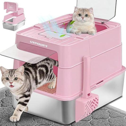 URPOWER Stainless Steel Cat Litter Box with Lid 110° Flip-Top Extra Large Enclosed Litter Box Non-Sticky Metal Pan with High Sided & Scoop, Odor Free, Front & Top Entry, Anti-Leakage, Easy Cleaning
