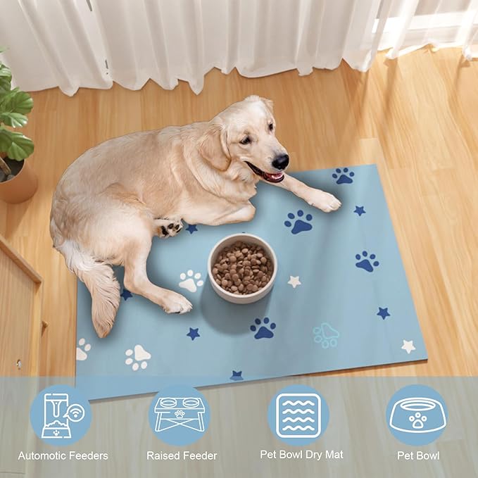 Pet Feeding Mat 12"x20"- Absorbent Dog Mat, Small Pet Food Mat, Rubber Pet Food Mat, Pet Food Mats for Floor Waterproof, Dog Water Matt for Sloppy Drinker, Cat Food Bowl Mat, Blue