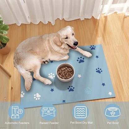 Pet Feeding Mat 12"x20"- Absorbent Dog Mat, Small Pet Food Mat, Rubber Pet Food Mat, Pet Food Mats for Floor Waterproof, Dog Water Matt for Sloppy Drinker, Cat Food Bowl Mat, Blue