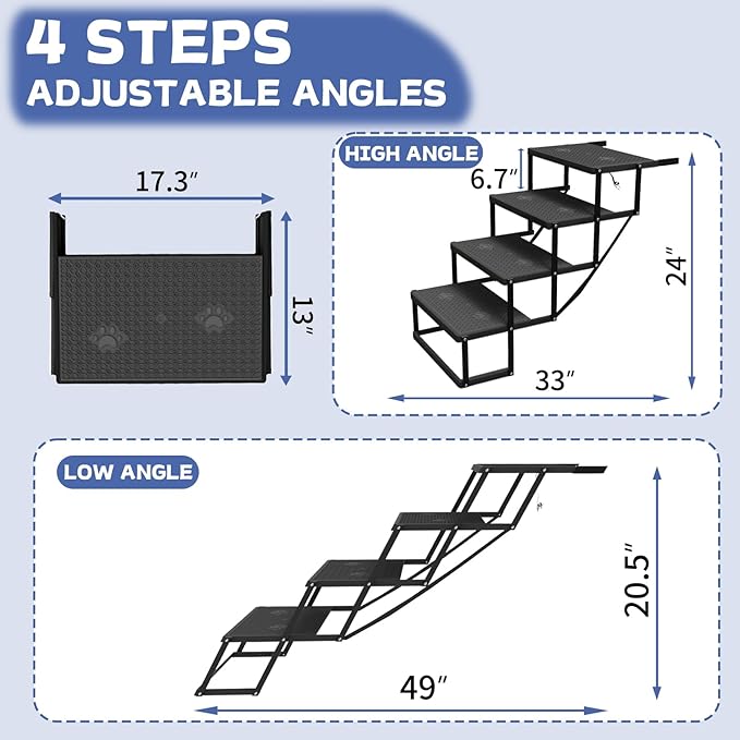 Dog Steps for Car, Truck, SUV, Dog Stairs for Car with Upgraded Non-Slip Surface, Foldable Dog Ramp for Car, Pet Stairs for Large Dogs, 4 Steps