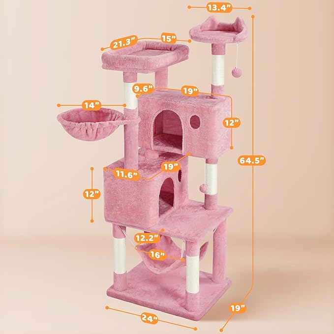 Yaheetech Multi-Level Cat Tree, Large Cat Tower with Condos Platform, Cat House Cat Tree for Medium Cats Pink, 64.5in