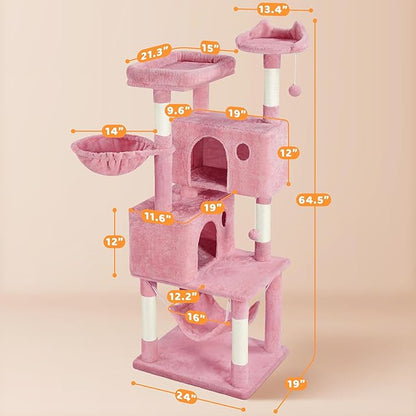 Yaheetech Multi-Level Cat Tree, Large Cat Tower with Condos Platform, Cat House Cat Tree for Medium Cats Pink, 64.5in