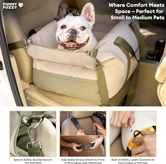 FUNNY FUZZY Waterproof Dog Car Seat for Small & Medium Dogs Up to 35lbs, Detachable & Washable Pet Booster Seat with Leash, Thick Cushion, Storage Pockets & Adjustable Straps (Green)