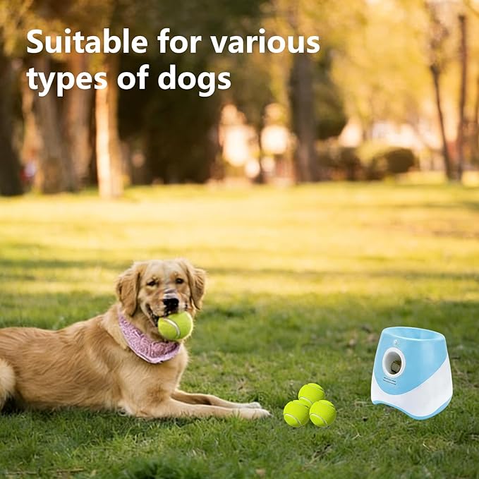 Automatic Dog Ball Launcher for Small to Medium Dogs - Hands-Free Interactive Fetch Toy, 3 Adjustable 10-30Ft Distance, 9 Pcs 2 Inch Eco-Friendly Dog-Safe Mini Tennis Balls. (Blue)