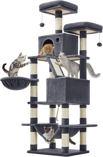 Feandrea Cat Tree, 66.1-Inch Large Cat Tower, Multi-Level Plush Condo with 13 Scratching Posts, 2 Perches, 2 Caves, Basket, Hammock, Pompoms, Smoky Gray UPCT165G01