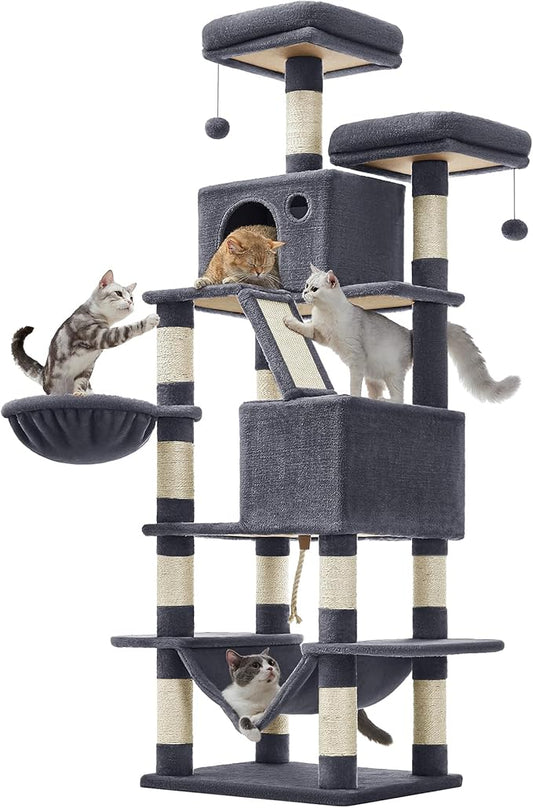 Feandrea Cat Tree, 66.1-Inch Large Cat Tower, Multi-Level Plush Condo with 13 Scratching Posts, 2 Perches, 2 Caves, Basket, Hammock, Pompoms, Smoky Gray UPCT165G01