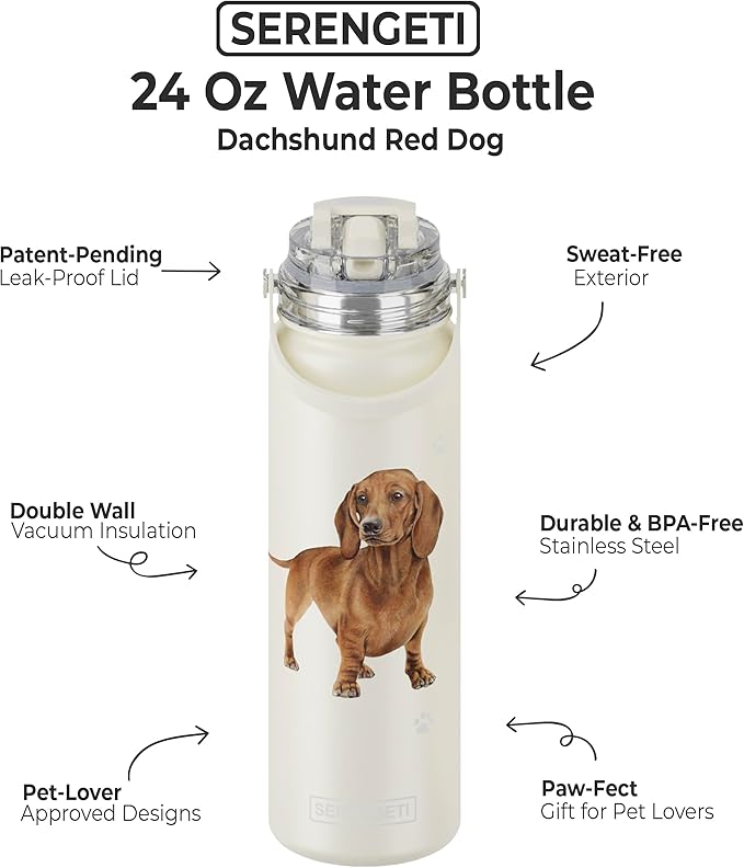 SERENGETI 24 Oz Water Bottle Stainless Steel with Spill Proof Lid - Double walled Vacuum Insulated water flask - Realistic 3D Print of your favorite dog (Dachshund red)