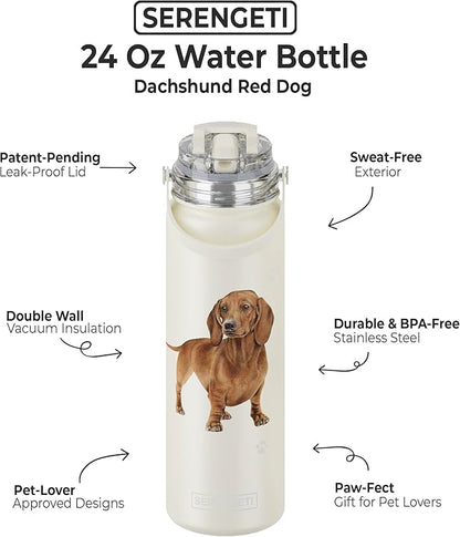 SERENGETI 24 Oz Water Bottle Stainless Steel with Spill Proof Lid - Double walled Vacuum Insulated water flask - Realistic 3D Print of your favorite dog (Dachshund red)