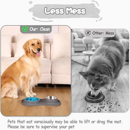 MateeyLife Dog Food and Water Bowl Set 3 in 1, Slow Feeder Dog Bowls & Stainless Steel Water Bowl with Non-Spill Silicone Mat, Cat and Puppy Bowls Pet Dishes for Small Medium Large Breed Anti-Choking