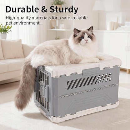 Collapsible Cat and Dog Cage - Durable Hard-Sided Carrier with Easy Unfolding, Space-Saving Design, and Comfortable Interior for Medium and Small Pets(Gray)
