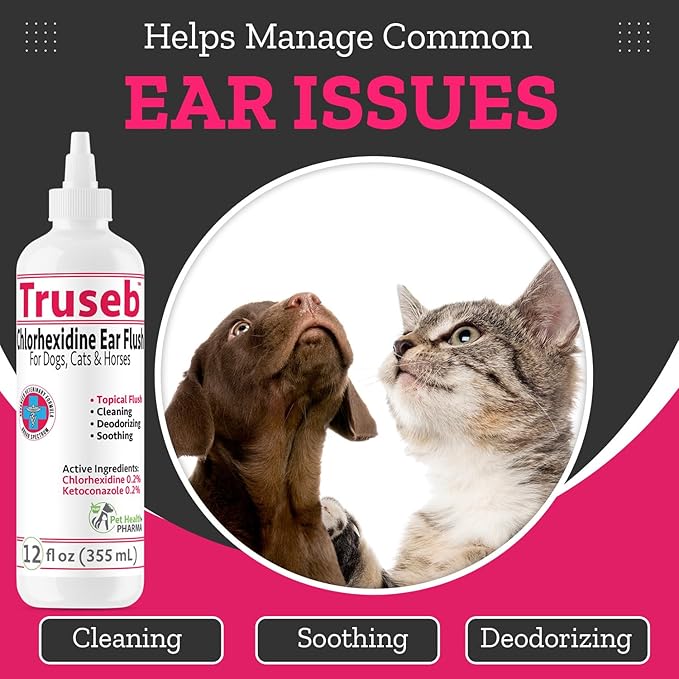 Truseb Maximum Strength Dog Ear Infection Treatment Flush, Cat & Dog Ear Cleaner Solution Medicated with Chlorhexidine & Ketoconazole Helps with Ear Itching Redness Swelling (12 oz)