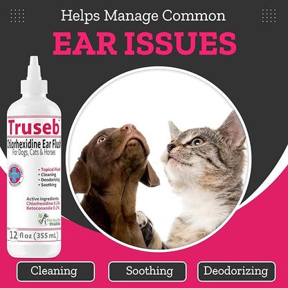 Truseb Maximum Strength Dog Ear Infection Treatment Flush, Cat & Dog Ear Cleaner Solution Medicated with Chlorhexidine & Ketoconazole Helps with Ear Itching Redness Swelling (12 oz)