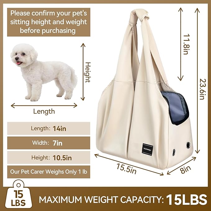 Dog Purse Carrier, Small Dog Cat Puppy Outdoor Portable Bag, Foldable Breathable 3‑Speed Zipper Access Pet Travel Bag with Large-Capacity Pockets, 15 lbs Capacity,Beige