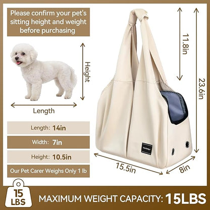 Dog Purse Carrier, Small Dog Cat Puppy Outdoor Portable Bag, Foldable Breathable 3‑Speed Zipper Access Pet Travel Bag with Large-Capacity Pockets, 15 lbs Capacity,Beige