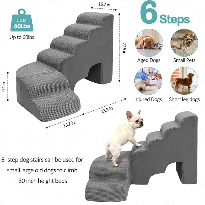 Dogs Stairs for Small Dog, 27.5 inches Dog Stair for Beds, 6 Tiers Steps for Dogs to Get on Beds, Foam Pet Ramps for Small Medium Large Animals