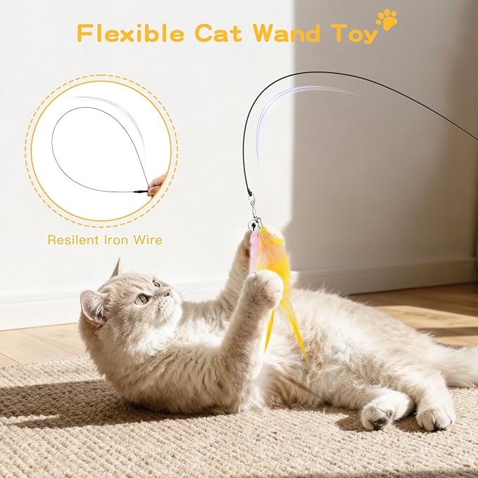Pawaboo Feather Teaser Cat Toy, Interactive Feather Wand Cats Toy Flying Feathers Cat Catcher with Extra Long 34.5" Wand and Small Bell, Exerciser Playing Toys for Kitten or Cats, Pink+White+Yellow