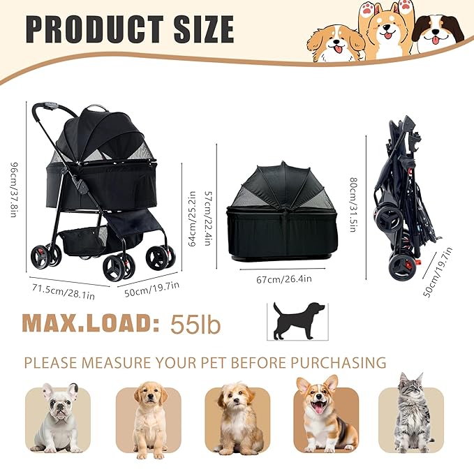3-in-1 Pet Stroller for Small/Medium Dogs&Cats, 4 Wheels Lightweight Dog Stroller with Detachable Carrier, Storage Basket and Cup Holder, One-Click Folding Pet Travel Carrier for Car Seat & Hand Carry