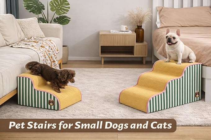 Dog Steps for Small Dogs, Dog Stairs for Bed, Curved Pet Stairs for Puppy and Cat, Doggie Ladder with Washable Cover, Pet Ramp for Sofa, Non-Slip Pet Stairs for Indoor Use(3 Step)
