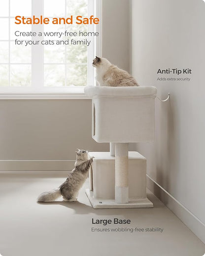 Feandrea Cat Tree, 40.6-Inch Cat Tower, Plush Condo for Extra Large Cats up to 44 lb, Large Perch, 2 Caves, Scratching Post, Cream White UPCT614T01