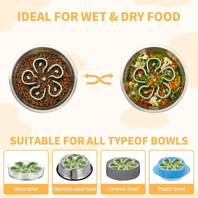Slow Feeder Dog Bowls Insert, Bestalk Soft Silicone Slow Eating Dog Bowl Insert with Suction Cups for Small, Medium and Large Dogs(Green L)