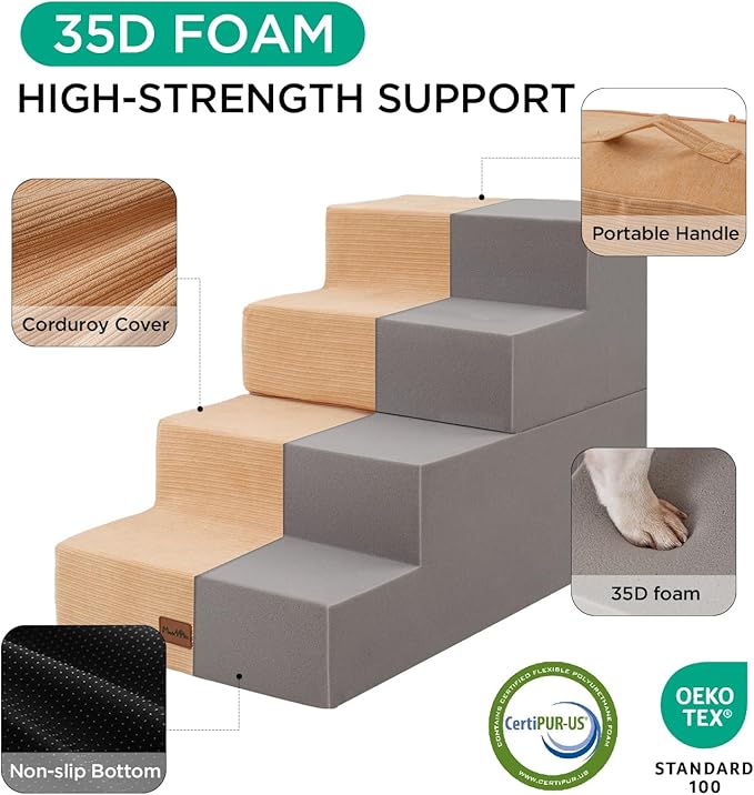 Made4Pets Dog Steps for Bed, Extra Wide Dog Stairs for High Bed Couch Sofa, 35D Foam Pet Steps for Small Dogs and Cats(Up to 40lbs), Non-Slip Bottom Pet Stairs, Tan, 4 Steps