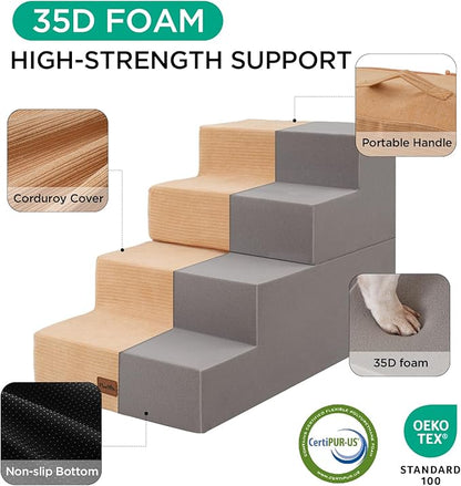 Made4Pets Dog Steps for Bed, Extra Wide Dog Stairs for High Bed Couch Sofa, 35D Foam Pet Steps for Small Dogs and Cats(Up to 40lbs), Non-Slip Bottom Pet Stairs, Tan, 4 Steps