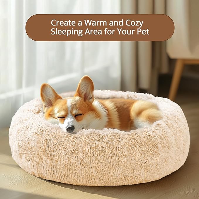 JOLLYVOGUE Calming Dog Beds Large Sized Dog, 36in Donut Washable Large Pet Bed, Anti-Slip & Anti-Anxiety Fluffy Faux Fur Round Dogs Bed, Fits up to 80 lbs Pets (Off White)