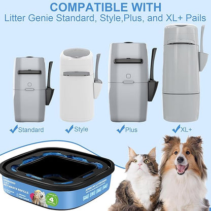 2 IN 1 Genie Refill Bags for Dog Cat 4 Pack - Total 112FT Lasts Up to 16 Months - Superior Odor Control for Dog Poop Cat Litter Bags - Pet Waste Refill Bags Fits Pet Genie and Litter Genie Pails