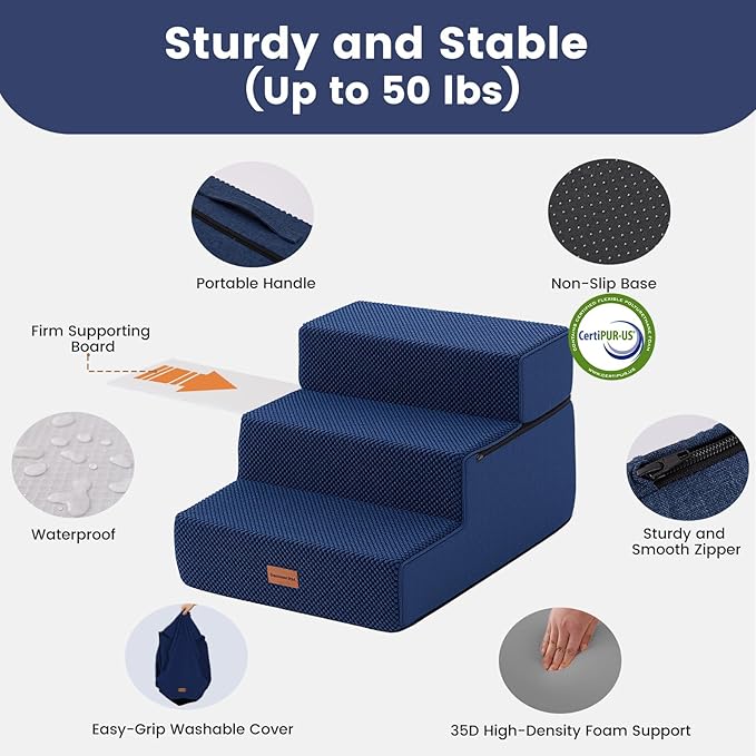 Gardner Pet Dog Stairs for Small Dogs 14" H, 3-Step Extra Wide Dog Steps for Bed, Pet Stairs for Bed and Couch with Durable Non-Slip Waterproof Fabric Cover and Soft Foam, Navy