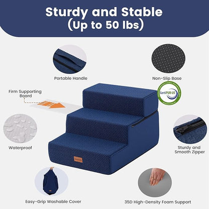 Gardner Pet Dog Stairs for Small Dogs 14" H, 3-Step Extra Wide Dog Steps for Bed, Pet Stairs for Bed and Couch with Durable Non-Slip Waterproof Fabric Cover and Soft Foam, Navy