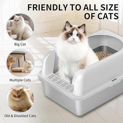 Prodigen Extra Large Stainless Steel Cat Litter Box with Lid High Wall Sides Enclosure, Non-Sticky, Anti-Leakage, Easy Cleaning，with Cat Mat & Metal Scoop, 24" L x 16" W x 12" H, 2 Pack