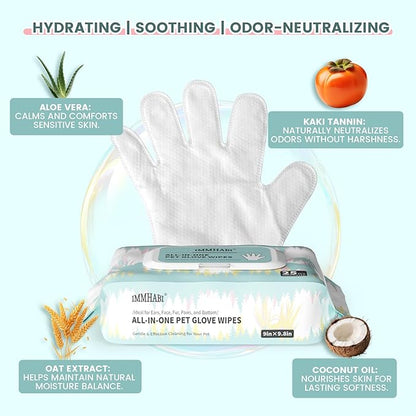 100 Pcs Pet Glove Wipes, Cleaning & Deodorizing for Dogs & Cats, Hypoallergenic Dog Bath Wipes with Natural Persimmon Tannin, Unscented Wipes for Ears, Fur, Paws