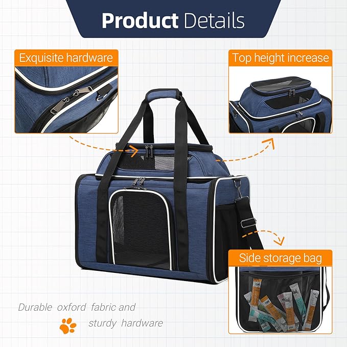 Blue Soft-Sided Pet Carrier for Large Cats & Small Dogs, Airline Approved, with Shoulder Strap & Removable Mat, Breathable Soft Mesh, Comfortable Cat Backpack Carrier