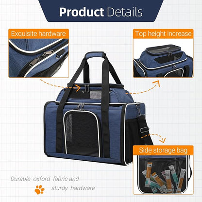 Blue Soft-Sided Pet Carrier for Large Cats & Small Dogs, Airline Approved, with Shoulder Strap & Removable Mat, Breathable Soft Mesh, Comfortable Cat Backpack Carrier