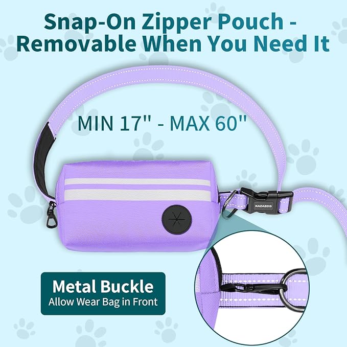 Hands Free Dog Leash with Removable Zipper Pouch, Dual Padded Handles and Durable Bungee for Walking, Jogging and Running-Your Dog (Large, 35-140 lbs Purple