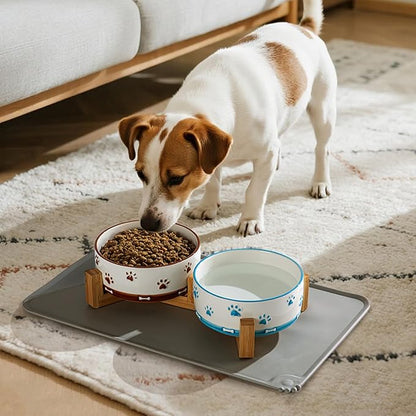 YUN TAO 3.5 Cups Pet Bowls Set of 2 for Medium Dogs,Ceramic Pet Food Water Dish Feeding with Wooden Stand,Cute Puppy Pet Dishes,Includes Non-Slip Silicone Mat